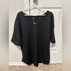 Black Textured Short Sleeve V Neck Top